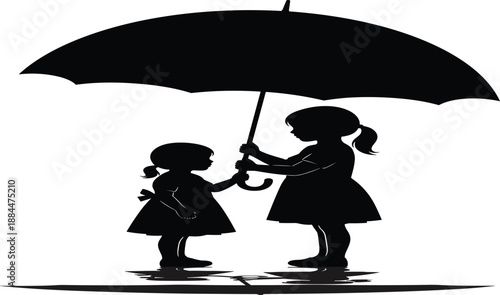 Silhouette of two little girls sisters holding a large umbrella together standing in the rain isolated on white background for childhood protection and friendship concept.