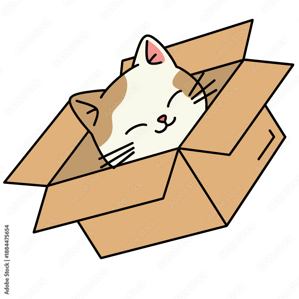 Fototapeta premium Cute Cat Sleeping Inside Cardboard Box Illustration