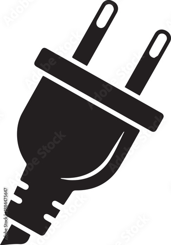 An electrical plug with a cord is viewed from a slight angle, showcasing its prongs and connection point in a simple illustration style.