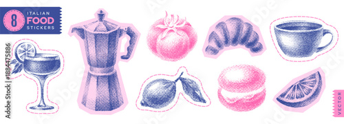 Italian brunch halftone collage. Food design. Coffee, lemon fruit, limoncello wine glass, croissant, tomato, tea. Italian breakfast food hand drawn vintage icon. Cutout doodle school cafe menu menu bg