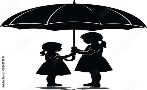 Black silhouette of two little girls sisters holding a large umbrella together standing in rain isolated on white background for childhood protection and friendship concept.
