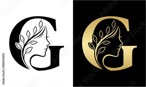 Elegant Letter G Logo with Womans Profile and Botanical Elements.