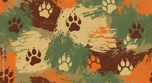Wildlife Paw Print Camouflage Seamless Pattern with Artistic Grunge Brushstrokes