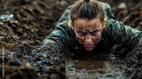 Woman military training crawl