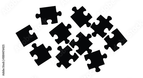 Eight black puzzle pieces arranged in a grid showing interlocking shapes