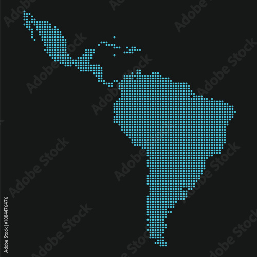 Central and South America Light Blue Digital Point Grid Map on Black for Cyber Infrastructure