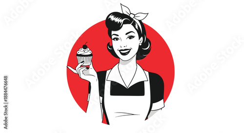 Cheerful retro housewife in a classic apron and vintage hairstyle, smiling while holding a delicious cupcake with a cherry on top.