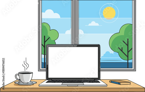 A laptop on a desk beside a steaming cup of coffee with a scenic view of trees and clouds outside the window