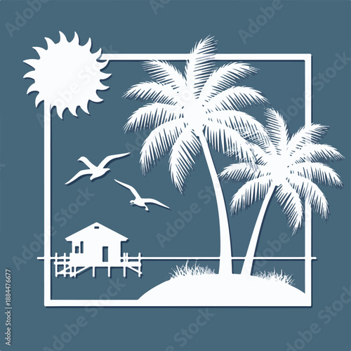 Papercut style tropical island scene with palm trees, hut, sun and birds Keywords: tropical, island, beach, palm trees, hut