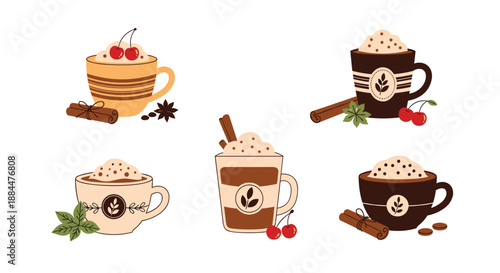 Set of cozy coffee and hot chocolate mugs with whipped cream, cherries, and spices for cafe menu and autumn designs.