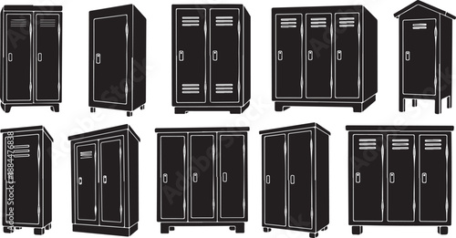 Collection of black metal lockers in various configurations shown