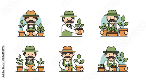Collection of cute cartoon gardener characters with mustaches and hats tending to various potted plants in a flat design style.