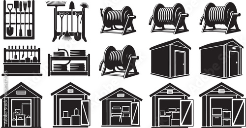 Black and white construction icons and tools illustration set