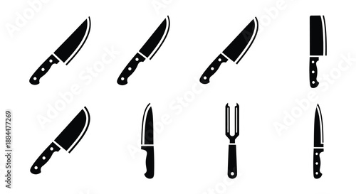 A collection of various kitchen knives displayed in a simple black and white format