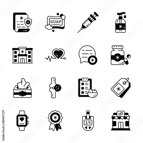 Collection of medical and healthcare glyph icons, ready for premium use