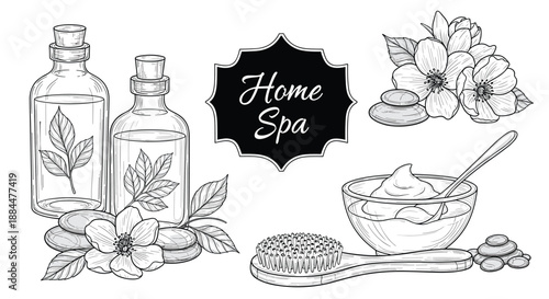 Hand-drawn vintage sketch set of home spa and aromatherapy items including essential oil bottles, flowers, and a body brush.