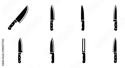 A collection of various kitchen knives displayed in a simple black and white format
