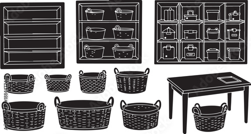 Illustration of furniture and baskets in a modern setting