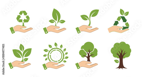 Set of green ecology and environment icons featuring hands holding plants, trees, and recycle symbols for conservation concepts.