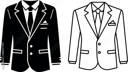 Black and white line art of a formal business suit and tie