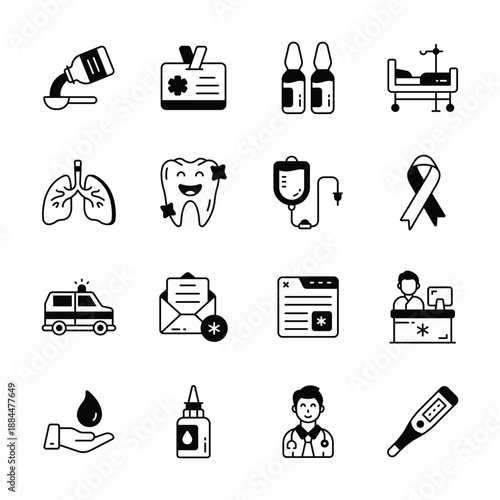 Bundle of medical and healthcare icons in unique glyph style