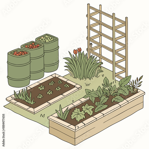 Raised garden beds with trellis and barrels