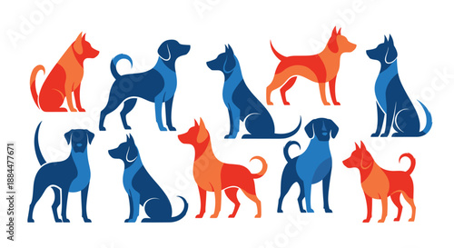 Collection of stylized dog silhouettes in blue and orange, depicted in various standing and sitting poses for a logo design.