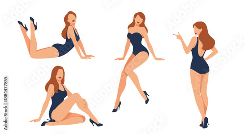Collection of four elegant pin-up girl characters with red hair, wearing a classic one-piece swimsuit in various poses.
