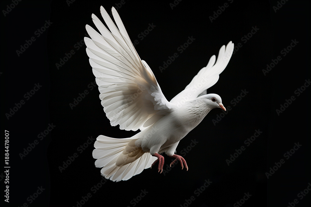 Obraz premium White Dove in Flight 1. A free flying white dove isolated on a black background.