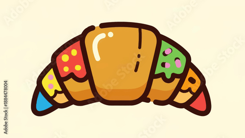 Colorful croissant illustration with various toppings and a cartoon design