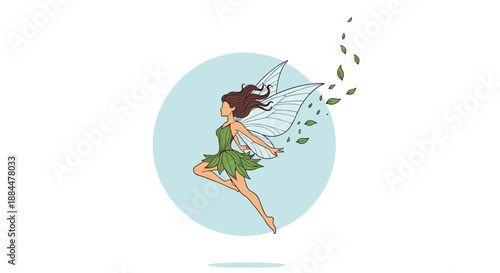 Beautiful flying fairy with delicate wings and a green dress, with leaves trailing behind her in a gentle breeze illustration.