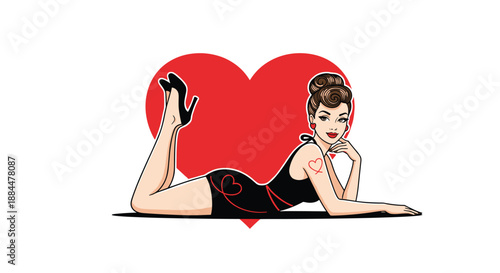 Seductive pin-up girl in a black swimsuit lying on her stomach in front of a large red heart for Valentine's Day design.