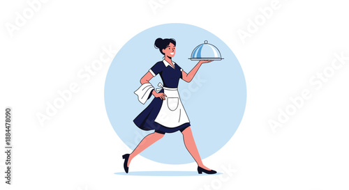 Smiling waitress in a classic uniform running while balancing a serving platter with a cloche, representing fast service.