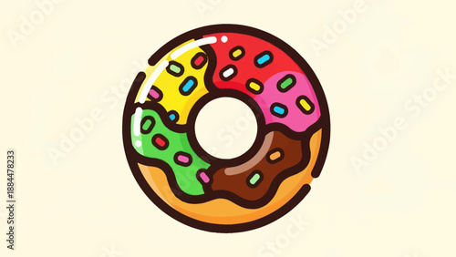 Colorful donut illustration on beige background with multiple toppings