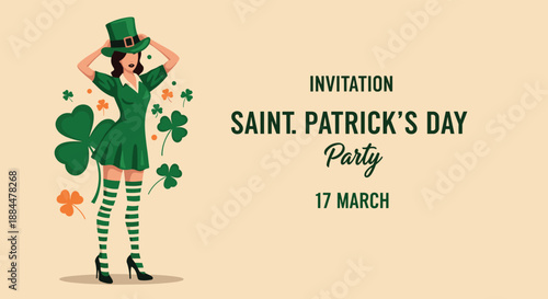 Saint Patrick's Day party invitation featuring a beautiful pin-up girl in a green leprechaun costume with shamrocks.