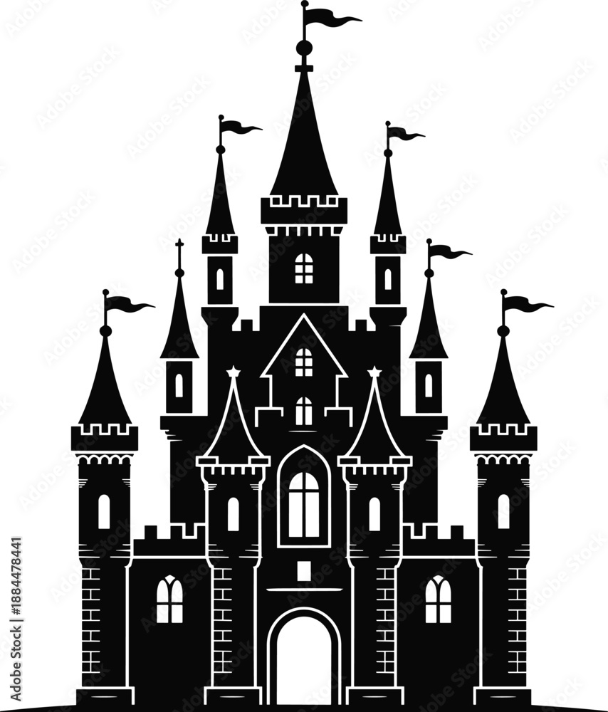 Obraz premium Black and white castle with multiple towers and flags