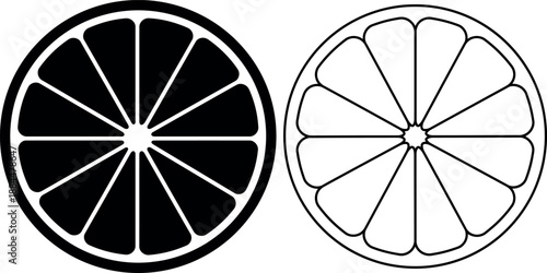 Sliced orange or citrus fruit icon in black and outline style