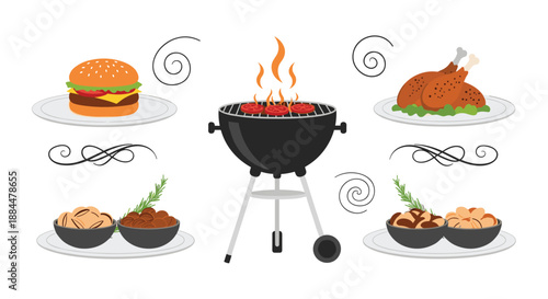 Summer barbecue party food set including a grill with sausages, a hamburger, roasted chicken, and various side dishes.