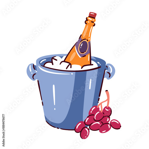 Hotel champagne bottle in ice bucket with grapes, luxury minibar and welcome drink symbol for hotel service, reception and hospitality visuals, cartoon doodle illustration. Vector illustration.