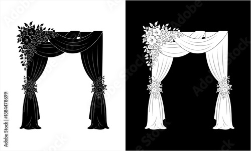 Elegant Wedding Arch with Draped Fabric and Floral Decorations.