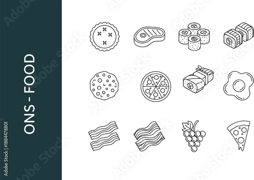 Minimal food line icons collection with pizza bacon sushi steak egg and meat outline symbols vector set for web ui design