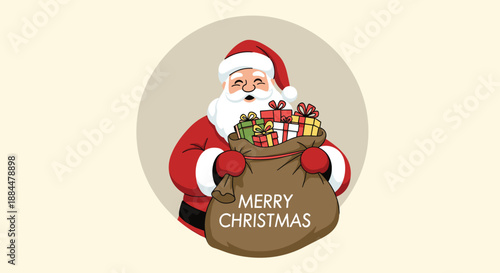 Cheerful Santa Claus character holding a large sack full of gifts with 'Merry Christmas' text for a holiday greeting card.