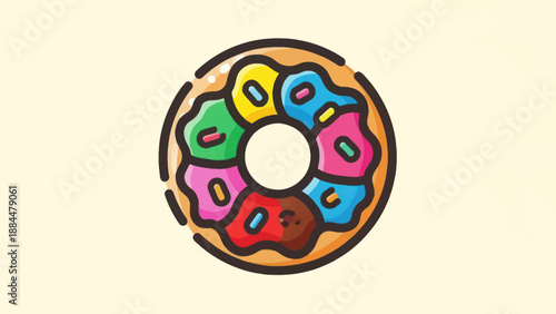 Colorful donut illustration with various toppings and glaze on neutral background