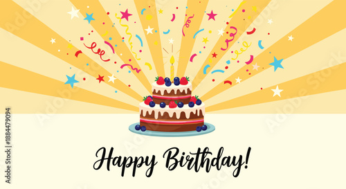Festive Happy Birthday greeting card featuring a two-tier cake with berries and a candle, surrounded by exploding confetti.
