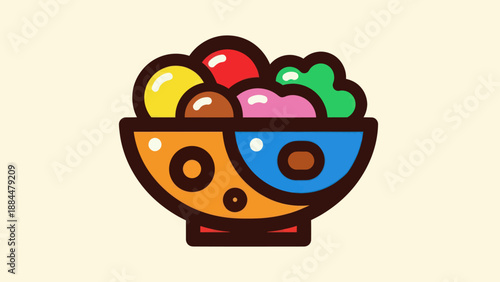 Colorful food bowl illustration with various fruits and vegetables concept