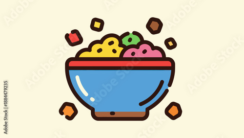 Colorful food bowl illustration with various toppings and vibrant presentation
