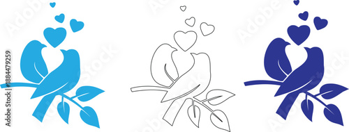 Three Love Birds on Branches with Hearts in Nature