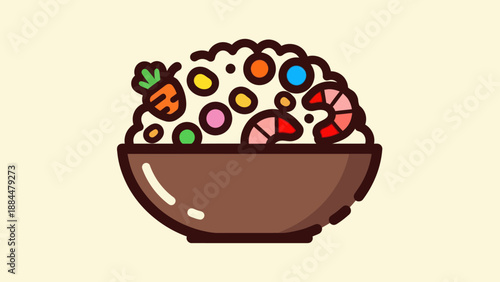 Colorful food illustration bowl of rice vegetables shrimp and toppings