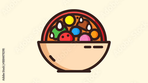 Colorful food illustration in a bowl with various ingredients on beige background