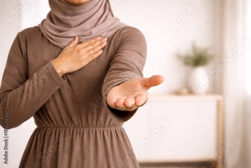 International womens day concept showing a woman in hijab with open hand, Give to Gain Campaign 2026, 8 march theme, support IWD